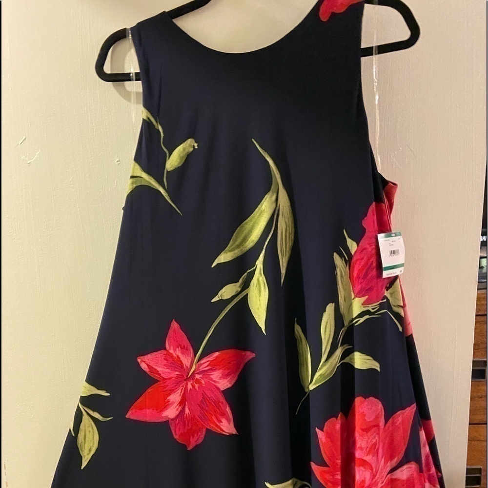 Blossom Buddy Red and Navy Blue Floral Print Anne Klein Dress - Picture 2 of 9
